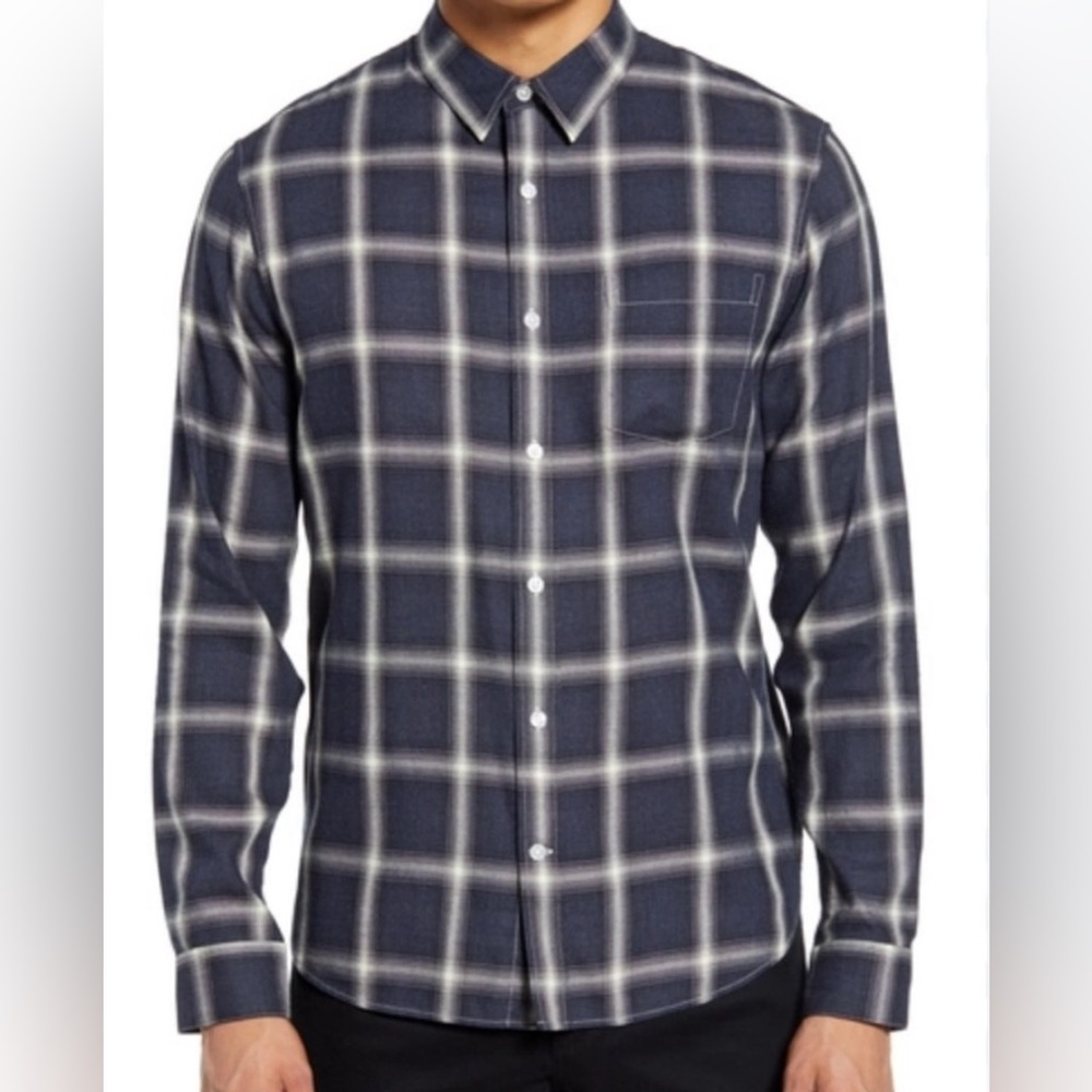 Vince Men’s Plaid Button-Up Shirt Navy Gray Long Sleeve Office Career size S
